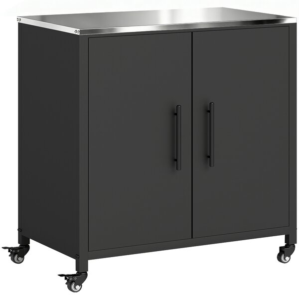 Outsunny Armadio da giardino con tavolo da rinvaso Capanno porta attrezzi con piano in acciaio inox ripiano rimovibile magnetico Doppia porta Ruote | Aosom Italy