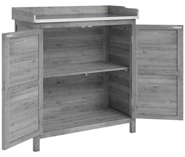 Outsunny Armadio da giardino con tavolo da piantare, capanno porta attrezzi in legno con piano lavoro zincato 2 ripiani Grigio | Aosom Italy