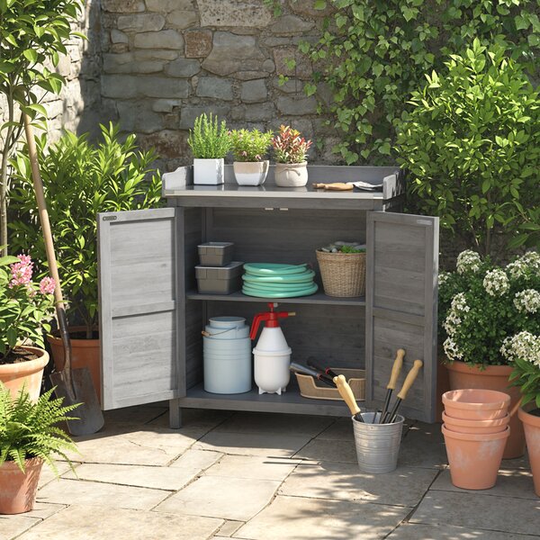 Outsunny Armadio da giardino con tavolo da piantare, capanno porta attrezzi in legno con piano lavoro zincato 2 ripiani Grigio | Aosom Italy