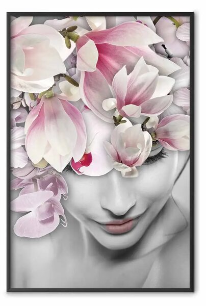 Poster: Signora Primavera - donna con fiori rosa in un motivo astratto