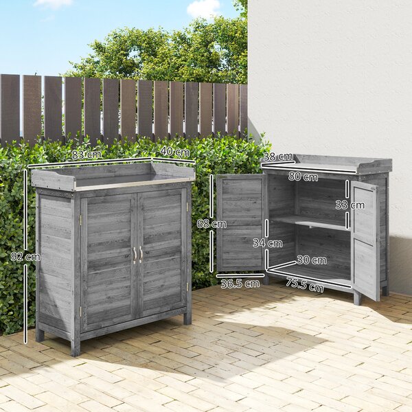 Outsunny Armadio da giardino con tavolo da piantare, capanno porta attrezzi in legno con piano lavoro zincato 2 ripiani Grigio | Aosom Italy