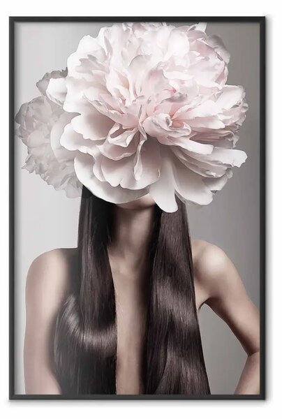 Poster: Testa floreale - ritratto fantasioso donna con fiore su sfondo grigio