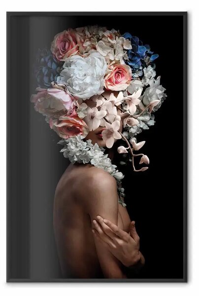 Poster: Gesto misterioso - donna astratta con fiori colorati sulla testa