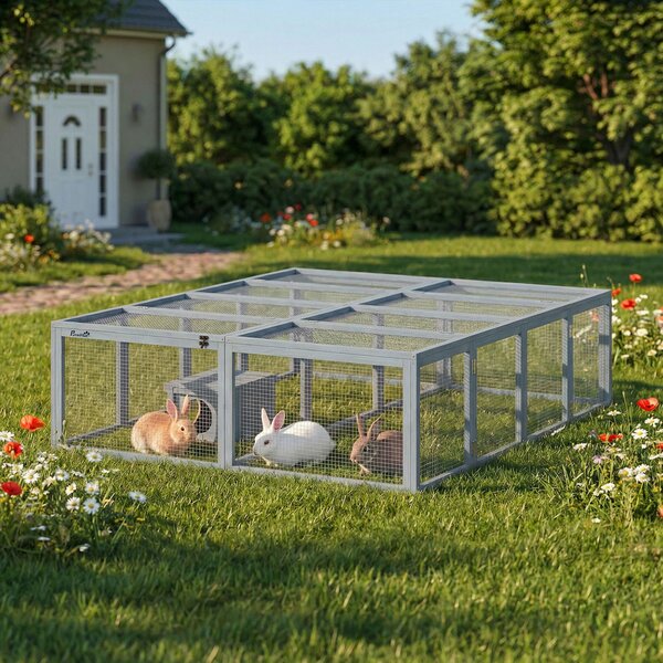 PawHut Recinto per Conigli in Legno con 2 Porte Cuccia Riparo per 2-4 Conigli Nani 180,4 x 150 x 48 cm Grigio | Aosom Italy