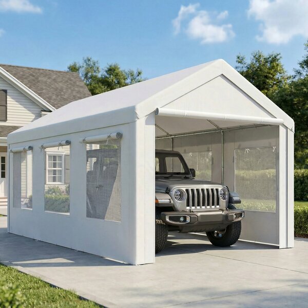 Outsunny Tettoia 3 x 6 m, Riparo Robusto ad Altezza Regolabile con Porte e Finestre, Bianco | Aosom Italy