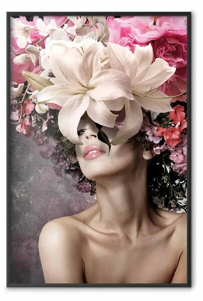 Poster: Profumo di sogno - donna con fiori sulla testa in un motivo astratto