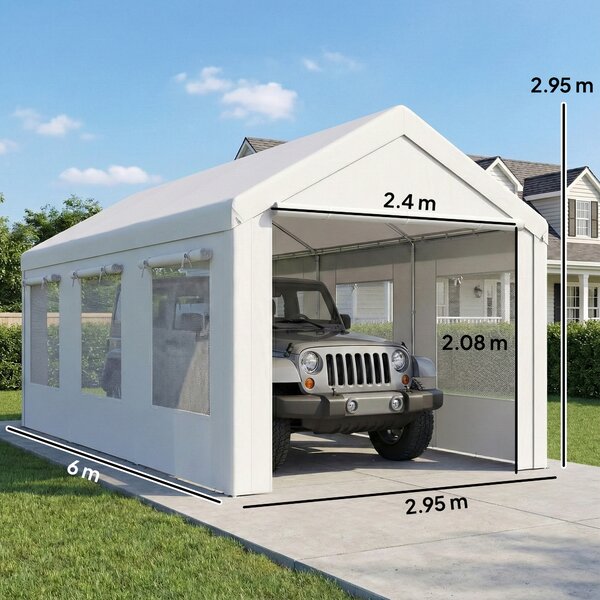 Outsunny Tettoia 3 x 6 m, Riparo Robusto ad Altezza Regolabile con Porte e Finestre, Bianco | Aosom Italy