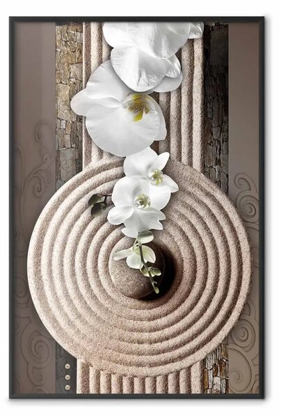 Poster: Il mio respiro - pietra orientale e fiori bianchi in stile zen