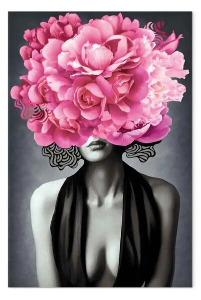 Quadro contemporaneo Donna Noir verticale - ritratto di donna con motivi vegetali