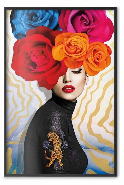 Poster: Tigre sulla spalla - ritratto di donna con fiori colorati in testa
