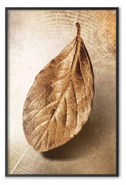 Poster: Leggerezza dorata - foglia dorata con evidente trama su sfondo beige