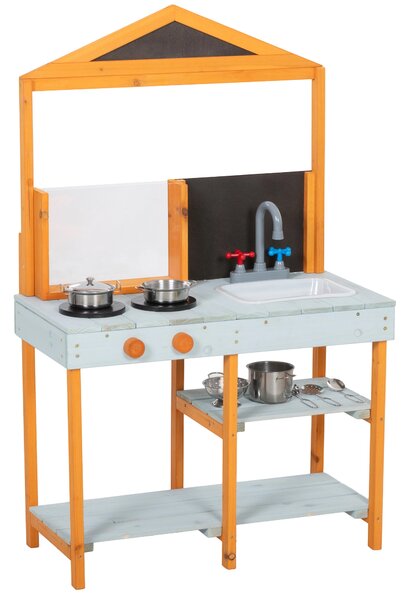 AIYAPLAY Cucina per fango da esterno per bambini in legno con piano cottura, lavello removibile e ripiani per bambini da 3-8 anni, Celeste | Aosom Italy