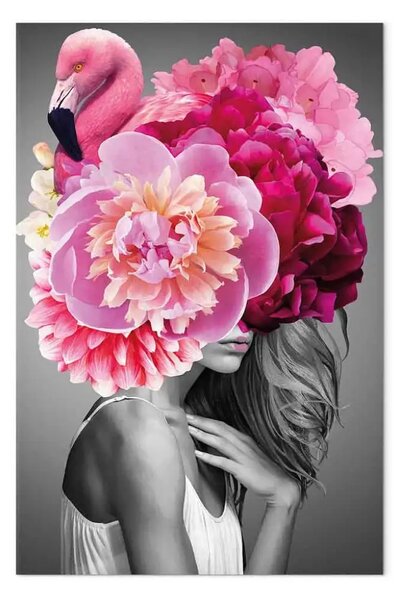 Quadro contemporaneo Ragazza Fenicottero verticale - donna con uccello e peonia