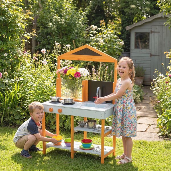AIYAPLAY Cucina per fango da esterno per bambini in legno con piano cottura, lavello removibile e ripiani per bambini da 3-8 anni, Celeste | Aosom Italy