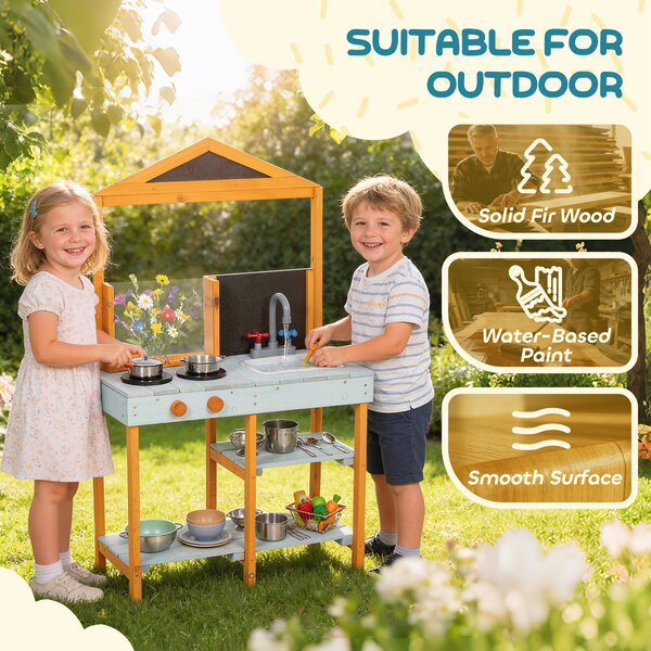 AIYAPLAY Cucina per fango da esterno per bambini in legno con piano cottura, lavello removibile e ripiani per bambini da 3-8 anni, Celeste | Aosom Italy