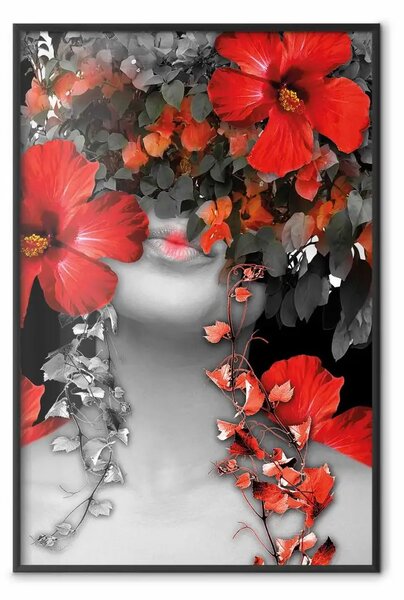 Poster: Sogni giapponesi - fiori rossi su sfondo astratto di una donna