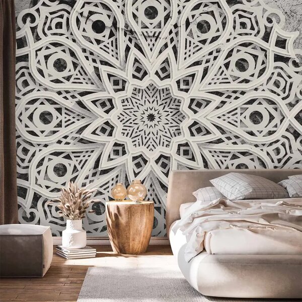 Carta da parati moderna Mandala - motivo orientale con disegno bianco su sfondo con texture cemento