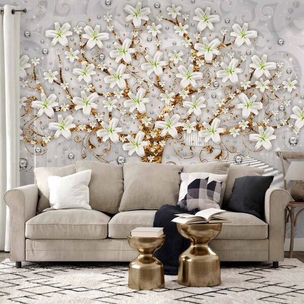 Carta da parati moderna Stile Klimt - albero dorato con fiori su sfondo grigio a motivi
