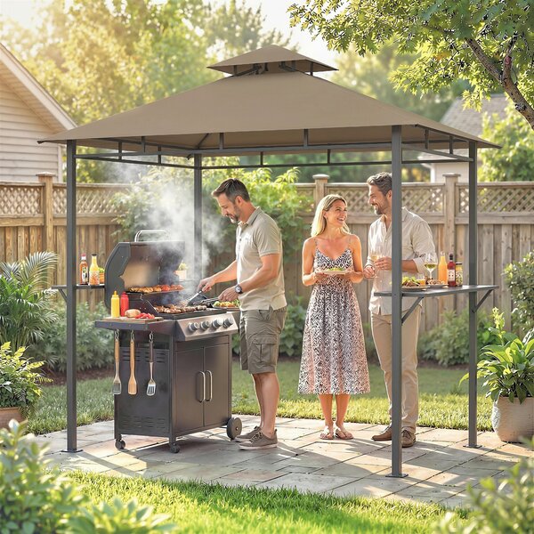 Outsunny Copertura barbecue da esterno, gazebo da giardino 245x146x255cm in metallo, doppio tetto, 2 ripiani laterali, marrone | Aosom Italy