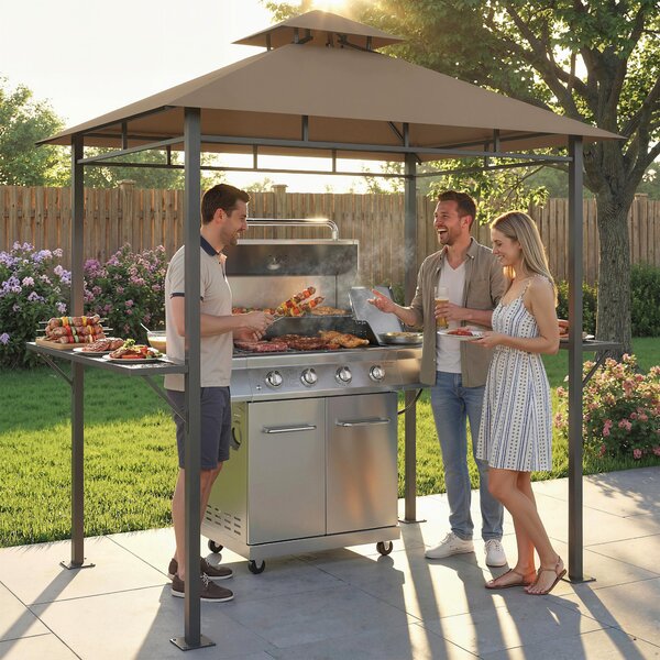 Outsunny Copertura barbecue da esterno, gazebo da giardino 245x146x255cm in metallo, doppio tetto, 2 ripiani laterali, marrone | Aosom Italy