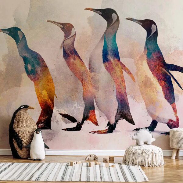 Carta da parati moderna Animali invernali - motivo di pinguini su sfondo chiaro