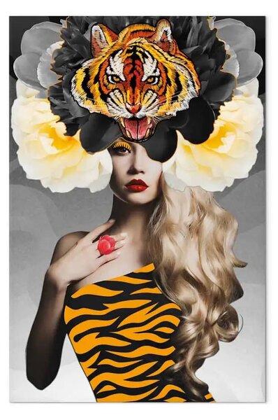 Quadro contemporaneo Donna con fiori e tigre - ritratto astratto su sfondo grigio