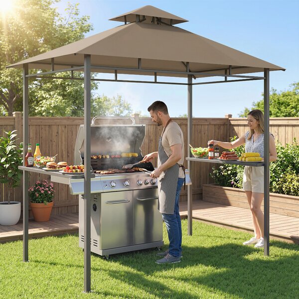 Outsunny Copertura barbecue da esterno, gazebo da giardino 245x146x255cm in metallo, doppio tetto, 2 ripiani laterali, marrone | Aosom Italy