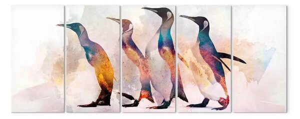 Quadro Giro pinguini (5 pezzi) stretto - uccelli su sfondo chiaro