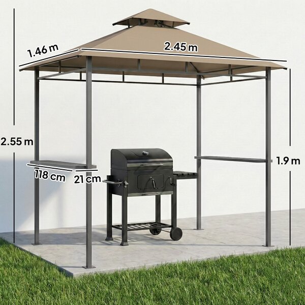 Outsunny Copertura barbecue da esterno, gazebo da giardino 245x146x255cm in metallo, doppio tetto, 2 ripiani laterali, marrone | Aosom Italy