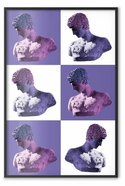 Poster: Scacchiera greca - sculture greche su sfondo di scacchi viola