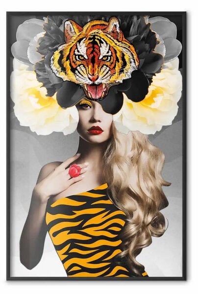 Poster: Occhio di tigre - astratta donna in costume da tigre su sfondo grigio