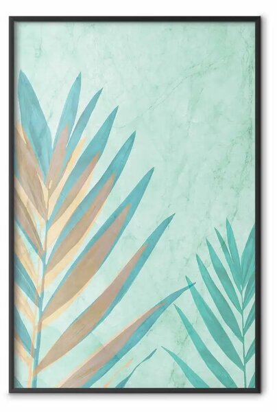 Poster: Sottile esotismo - foglie tropicali su texture blu