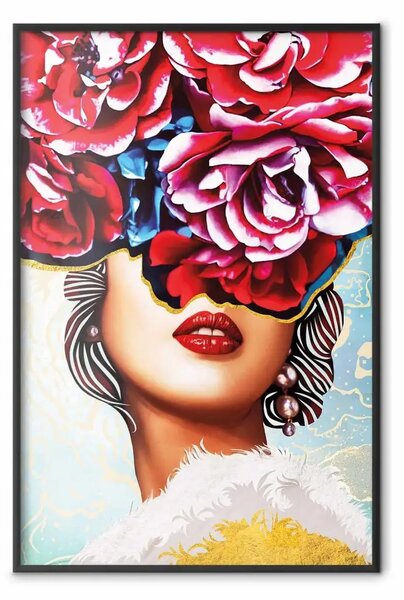 Poster: Labbra dolci - astratto ritratto di donna con fiori su sfondo chiaro