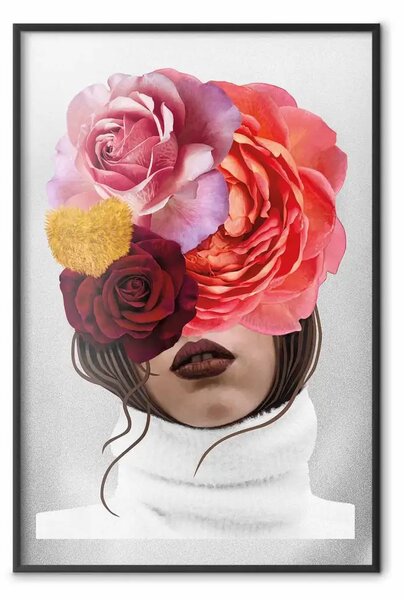 Poster: Maglione bianco - astratta donna con fiori colorati su sfondo chiaro