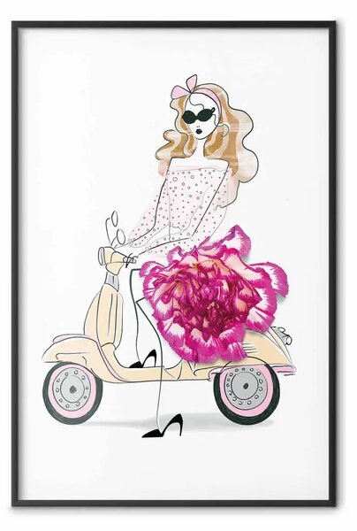 Poster: Ragazza in scooter - astratta donna con fiore su sfondo bianco