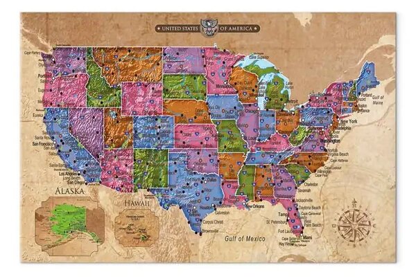 Quadro moderno Mappa multicolore del Nord America - scritte in inglese