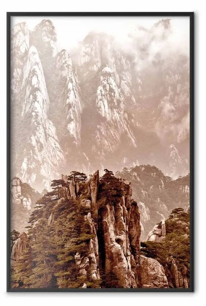 Poster: Monolite - paesaggio montagna con dettagli piante seppia