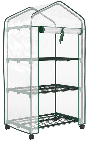 Outsunny Miniserra da giardino con 3 ripiani, telo in PVC ad alta densità, porta avvolgibile 4 ruote 69 x 49 x 130 cm trasparente | Aosom Italy