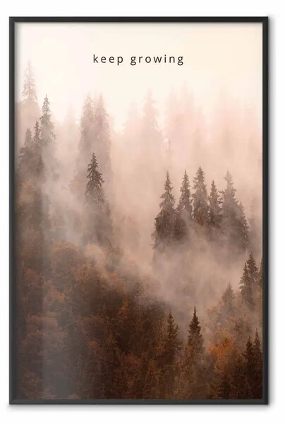 Poster: Continua a crescere - scritte inglese e paesaggio alberi nebbia