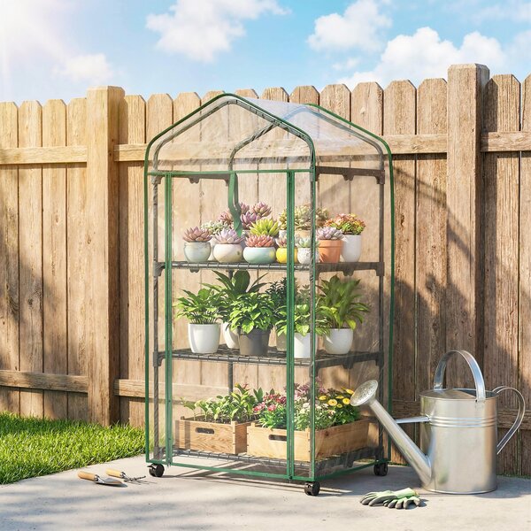 Outsunny Miniserra da giardino con 3 ripiani, telo in PVC ad alta densità, porta avvolgibile 4 ruote 69 x 49 x 130 cm trasparente | Aosom Italy