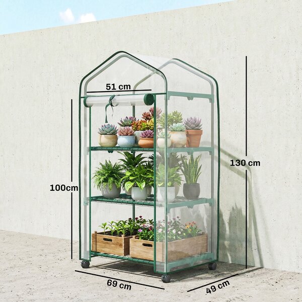 Outsunny Miniserra da giardino con 3 ripiani, telo in PVC ad alta densità, porta avvolgibile 4 ruote 69 x 49 x 130 cm trasparente | Aosom Italy