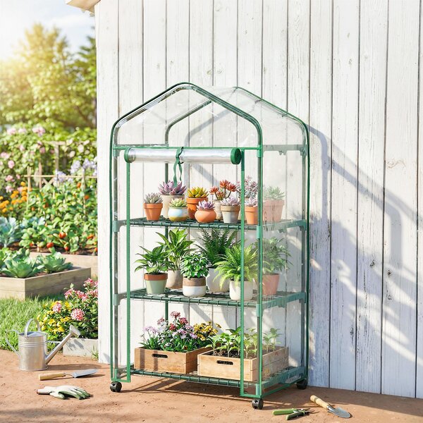 Outsunny Miniserra da giardino con 3 ripiani, telo in PVC ad alta densità, porta avvolgibile 4 ruote 69 x 49 x 130 cm trasparente | Aosom Italy