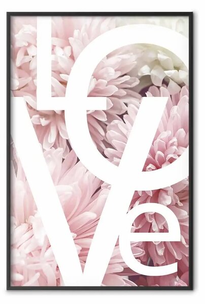 Poster: Amore - lettere - scritte bianche con composizione fiori rosa