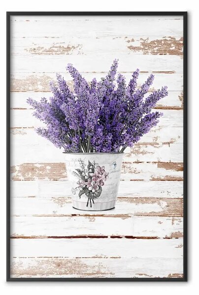 Poster: Mazzo di lavanda - fiori viola in vaso su sfondo di assi di legno