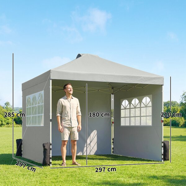 Outsunny Gazebo ca. 3x3 m Impermeabile Altezza Regolabile Pop-up Gazebo Pieghevole con 3 Pareti Laterali Finestre Ventilazione, UV 50+ Grigio chiaro | Aosom Italy