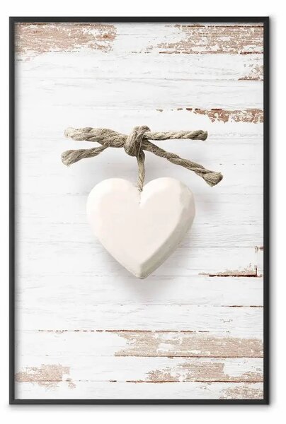 Poster: Amore annodato - cuoricino bianco in pietra su sfondo di legno chiaro