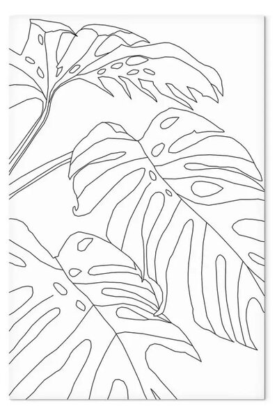 Quadro moderno Tre foglie di monstera - contorni neri di foglia su uno sfondo bianco