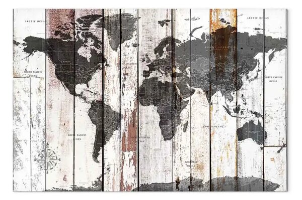 Quadro Vecchia avventura largo - Mappa del mondo su sfondo in legno