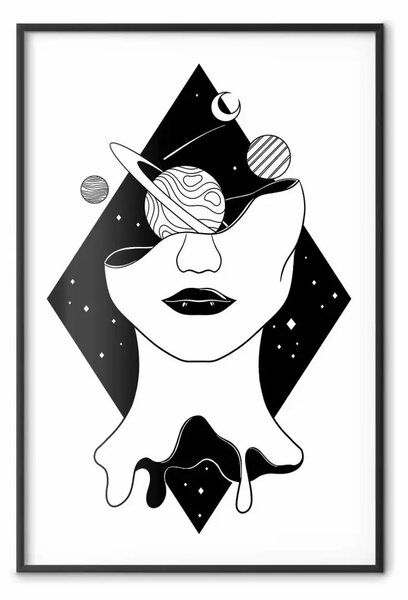Poster: Universo nella mente - ritratto astratto donna con pianeti