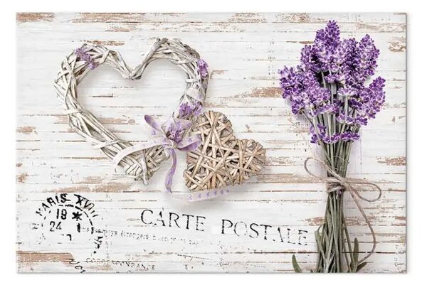 Quadro Posta di lavanda largo - fiori e cuore di legno